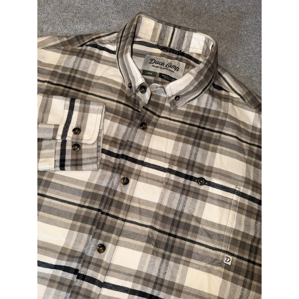 Duck Camp Plaid Flannel Shirt L Brown LS Button Down Outdoor Hunting Cotton